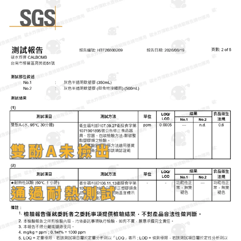 CALBOMB 軟水壺 SGS 測試報告，雙酚A未檢出並通過耐熱測試